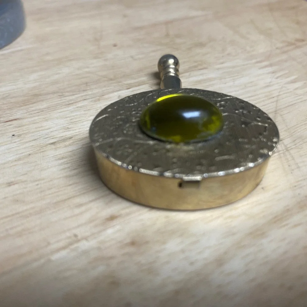 Vintage Pill Box Trinket Case Gold Tone Yellow/Green Cabochon Etched Floral